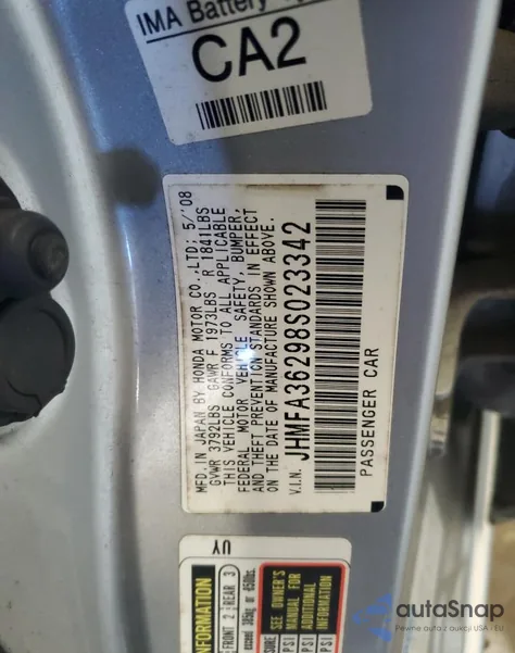 2008 Honda Civic Hybrid z USA, uszkodzony, nr VIN JHMFA36298S023342